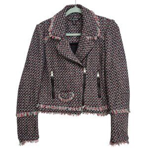Zara Woman Red Black Tweed Cropped Fringed Moto Jacket Blazer Size M
